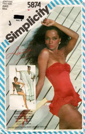 Simplicity 5874 DIANA ROSS Womens Strapless or One Shoulder Swimsuit & Caftan 1980s Vintage Sewing Pattern Size 6 & 8