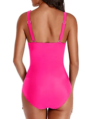 Slimming Ruffle V Neck One Piece Swimsuit-Neon Pink