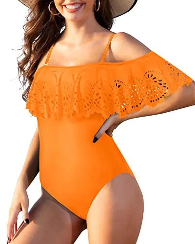 Strapless Flounce One Piece Ruffle Swimwear For Teen Girls-Orange