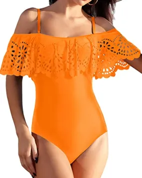 Strapless Flounce One Piece Ruffle Swimwear For Teen Girls-Orange