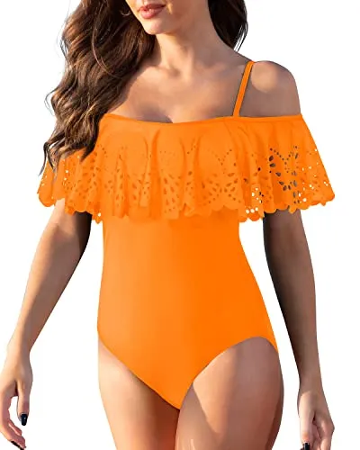 Strapless Flounce One Piece Ruffle Swimwear For Teen Girls-Orange