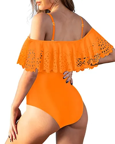 Strapless Flounce One Piece Ruffle Swimwear For Teen Girls-Orange