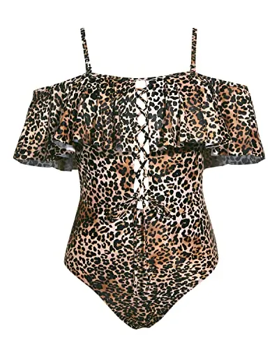 Strapless One Piece Bathing Suit Lace-Up Front Ruffle Flounce Sexy Swimsuit-Brown Leopard