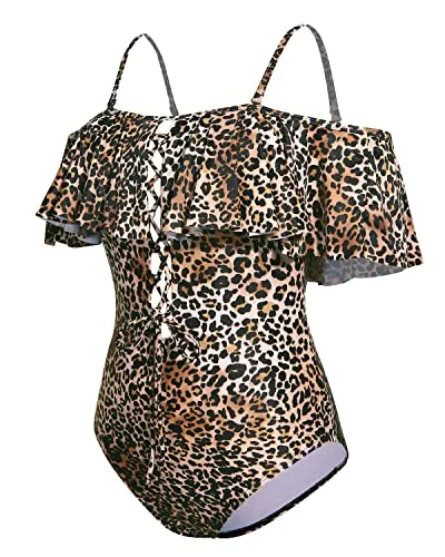 Strapless One Piece Bathing Suit Lace-Up Front Ruffle Flounce Sexy Swimsuit-Brown Leopard