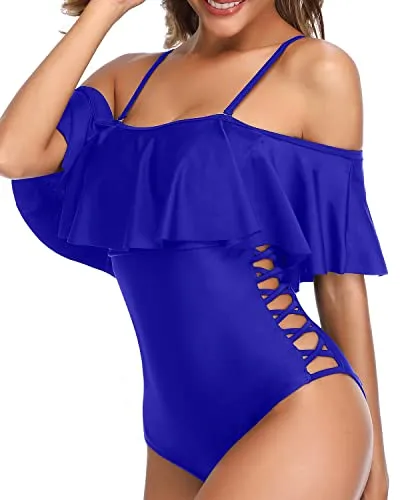 Strapless Ruffle One Piece Swimsuits For Ladies-Royal Blue