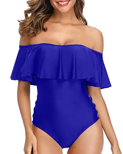 Strapless Ruffle One Piece Swimsuits For Ladies-Royal Blue