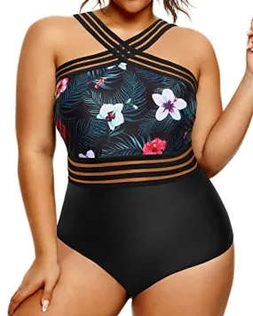 Strapless Tummy Control Bathing Suit Plus Size One Piece Swimsuit-Black Floral