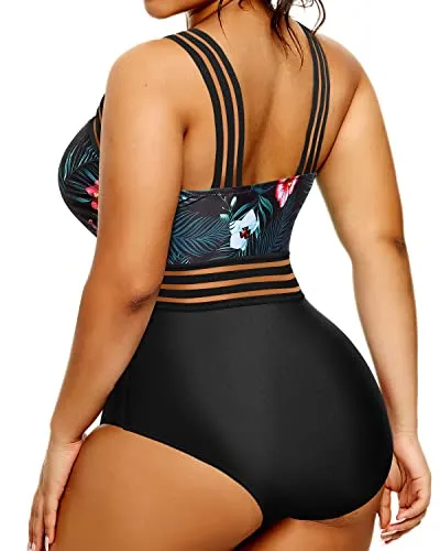 Strapless Tummy Control Bathing Suit Plus Size One Piece Swimsuit-Black Floral