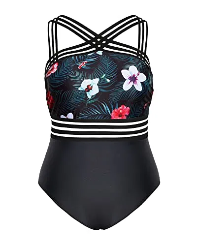 Strapless Tummy Control Bathing Suit Plus Size One Piece Swimsuit-Black Floral