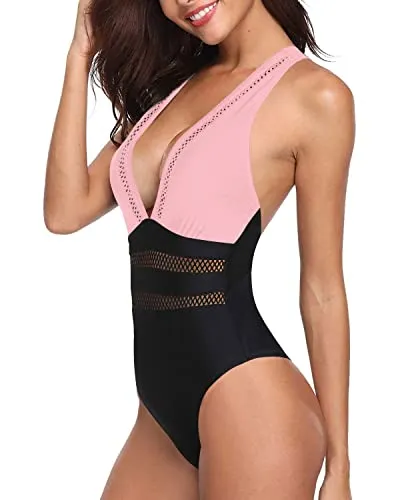 Stunning Hollow Out Deep V Neck One Piece Swimsuits-Pink And Black