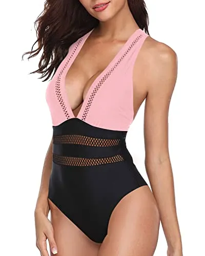 Stunning Hollow Out Deep V Neck One Piece Swimsuits-Pink And Black