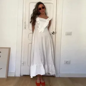 TAVIMART  -  New Women White Ruffles Edge Suspender Dress  Fashion Square Neck Sleeveless Backless Long Dresses Summer Beach Party Robes