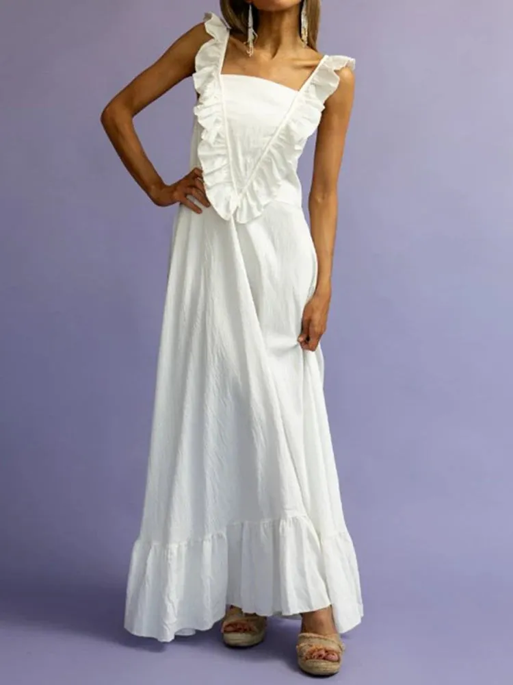 TAVIMART  -  New Women White Ruffles Edge Suspender Dress  Fashion Square Neck Sleeveless Backless Long Dresses Summer Beach Party Robes
