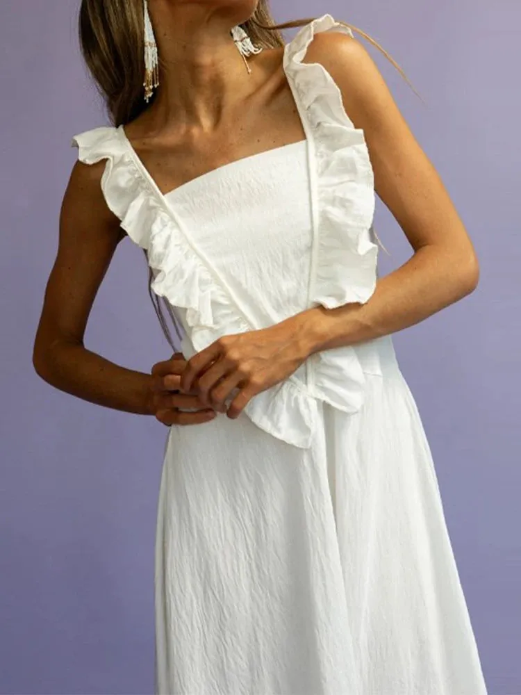 TAVIMART  -  New Women White Ruffles Edge Suspender Dress  Fashion Square Neck Sleeveless Backless Long Dresses Summer Beach Party Robes