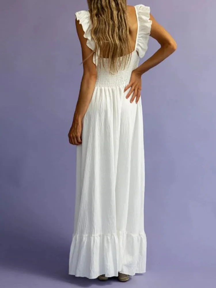 TAVIMART  -  New Women White Ruffles Edge Suspender Dress  Fashion Square Neck Sleeveless Backless Long Dresses Summer Beach Party Robes