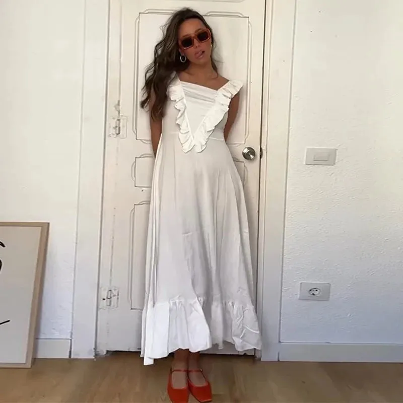 TAVIMART  -  New Women White Ruffles Edge Suspender Dress  Fashion Square Neck Sleeveless Backless Long Dresses Summer Beach Party Robes