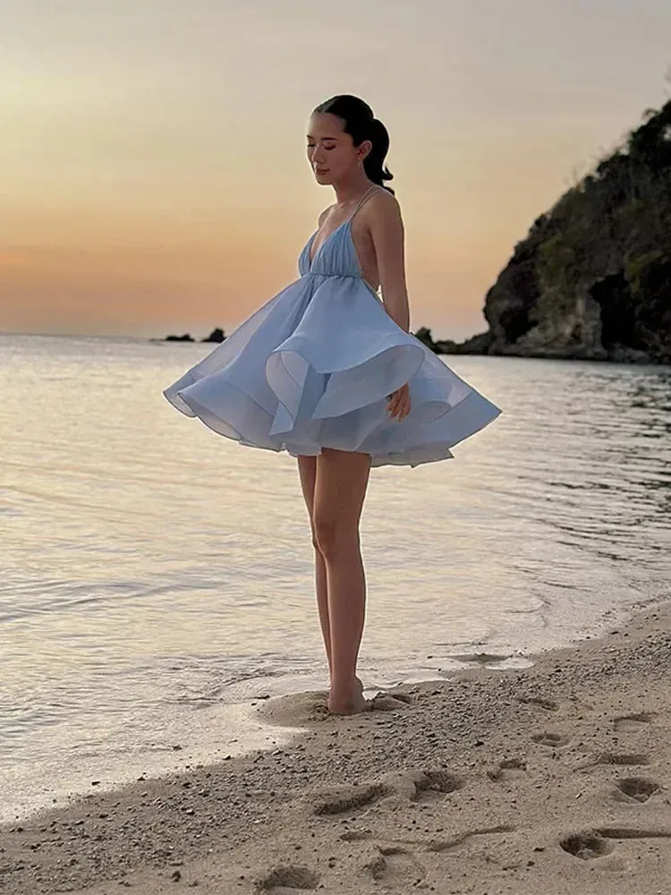 TAVIMART  -  summer women V Neck Solid Mesh Sling Dress Loose Hem Backless A Line Short Dresses 2024 Summer chic Lady Vacation Beach Robes