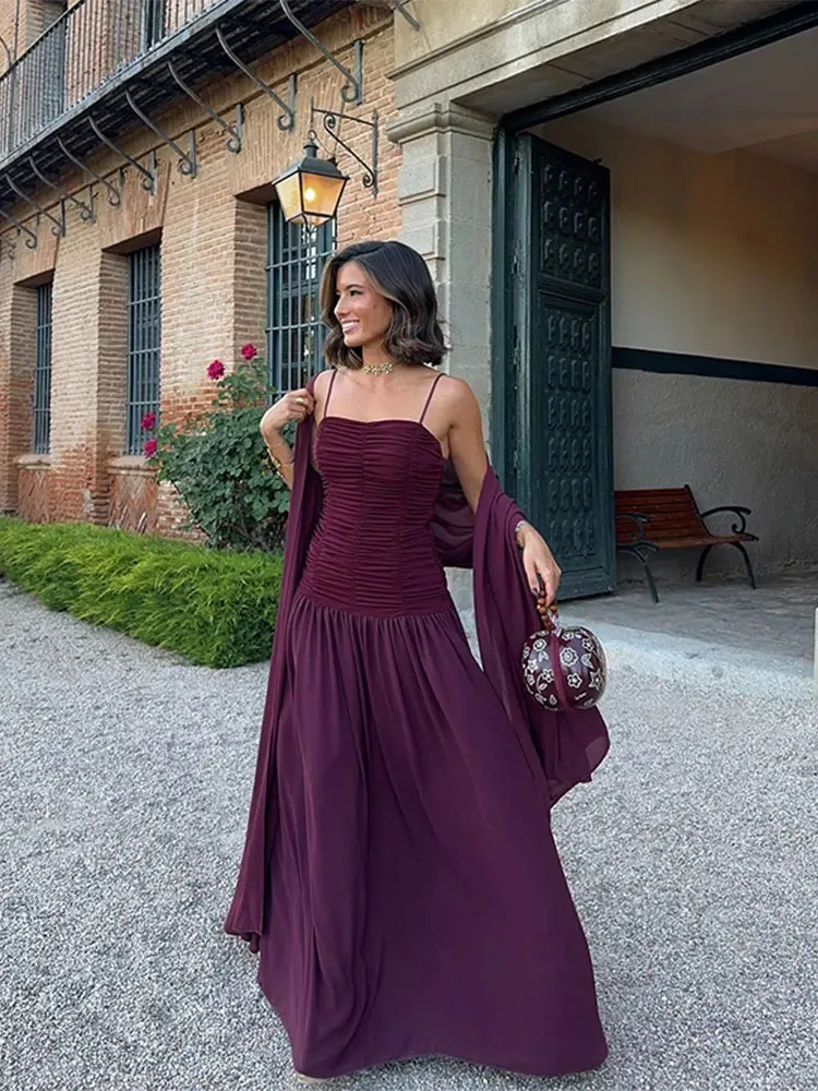 TAVIMART  -   Women Sexy Purple Shawl Sling Party Maxi Dress Elegant Flods Sleeveless Vacation Vestidos 2024 Summer Ladies Street Robes