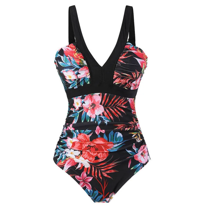 Tropical Print One Piece Swimsuit Black