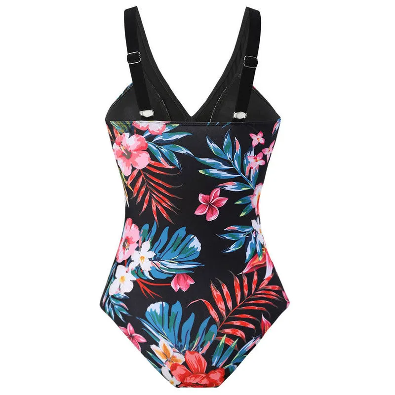 Tropical Print One Piece Swimsuit Black