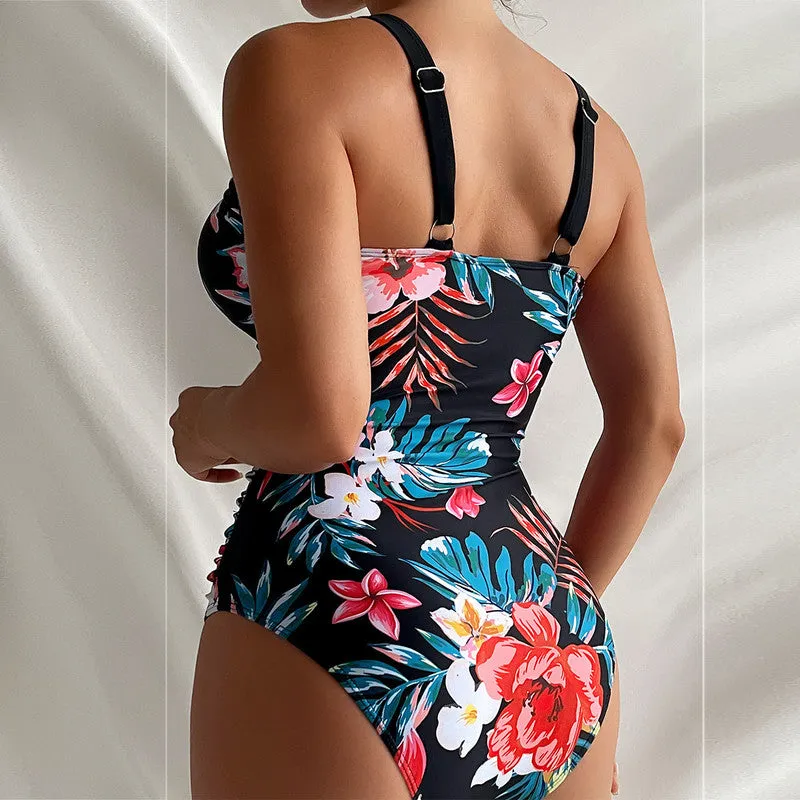 Tropical Print One Piece Swimsuit Black