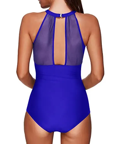 Tummy Control Halter Neck Mesh One Piece Swimwear For Women-Royal Blue
