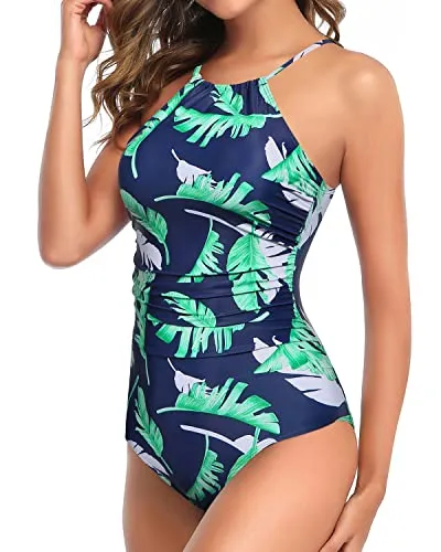 Vintage High Neck One Piece Swimsuit Tummy Control Bathing Suit-Blue Leaf