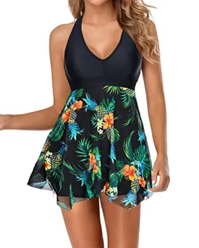 Vintage One Piece Bathing Suit Skirt For Big Busted Ladies-Black Pineapple