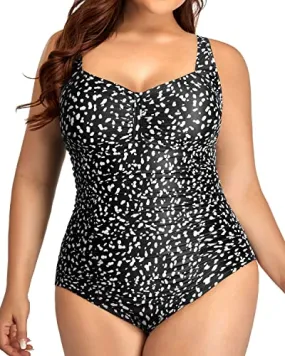 Vintage Ruched Push Up Plus Size Swimsuit For Curvy Women-Black Dot
