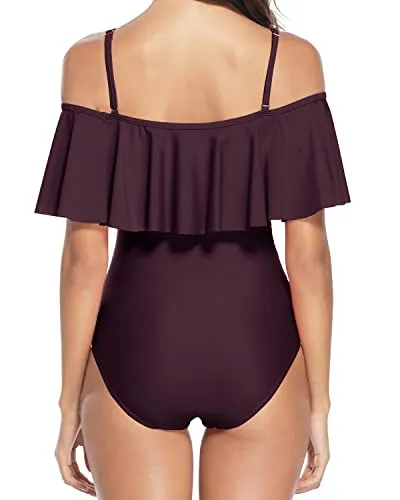 Vintage Ruffle Swimwear With Tummy Control Full Body Swimsuit For Women-Maroon