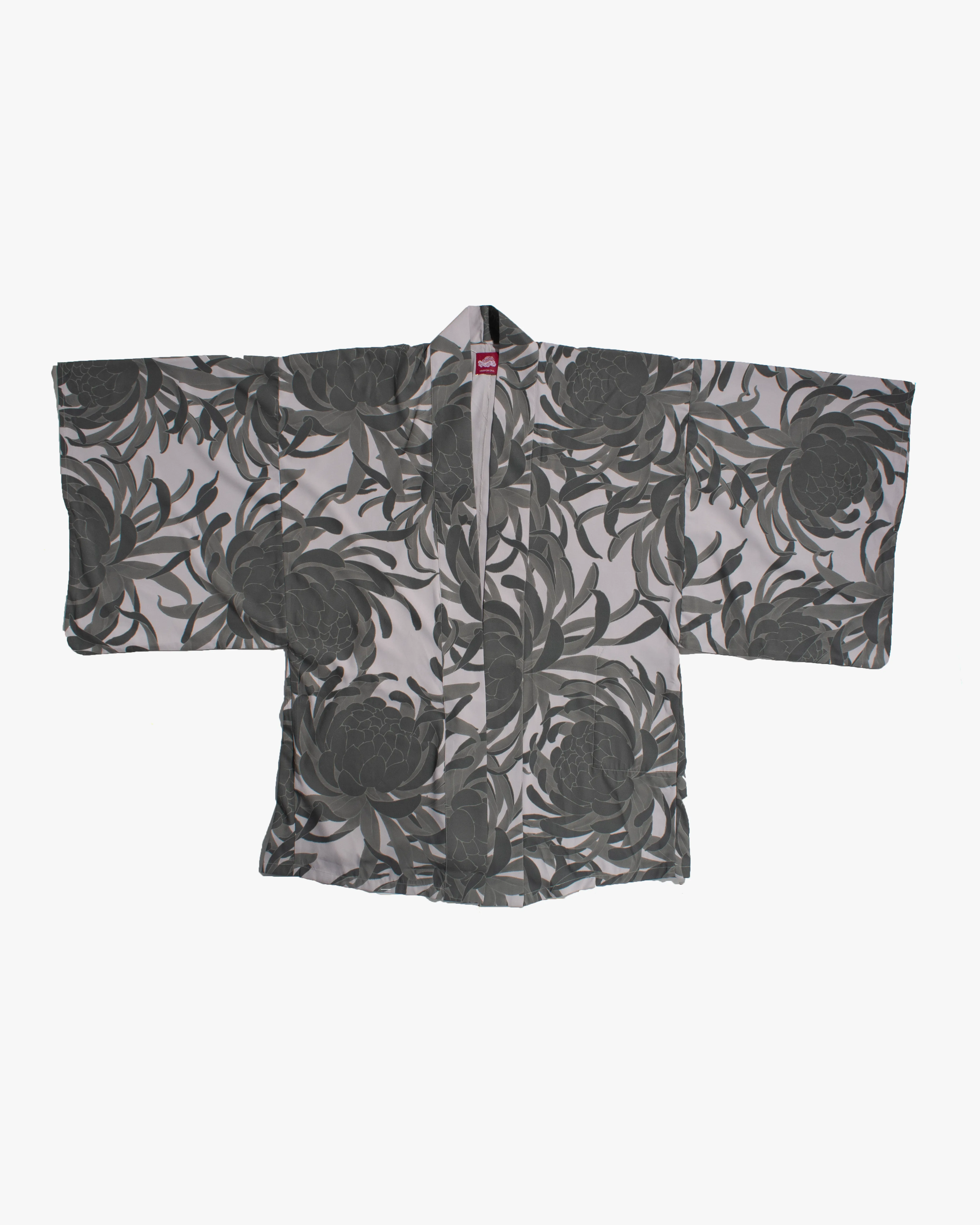Wa-Modern Haori Robe, Grey Flower Pattern