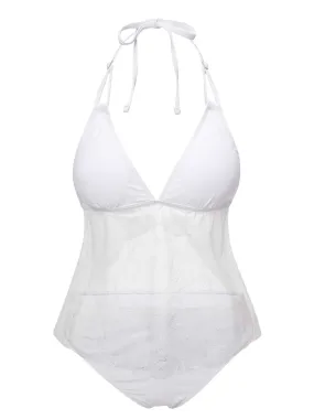 White 1930s Halter Backless Solid Swimsuit