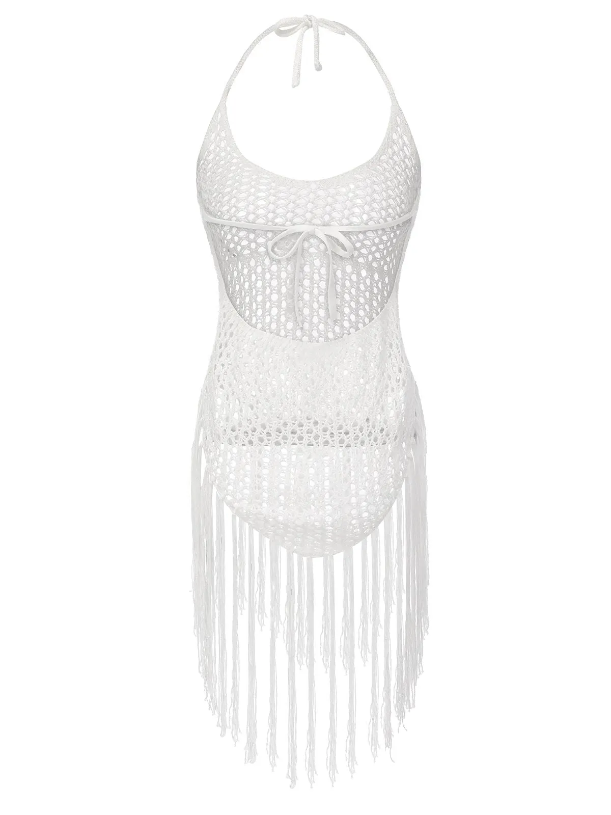 White 1960s Grid Halter Cover Up