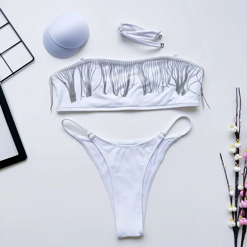 White Fringe Thong Bottom Tube Bikinis