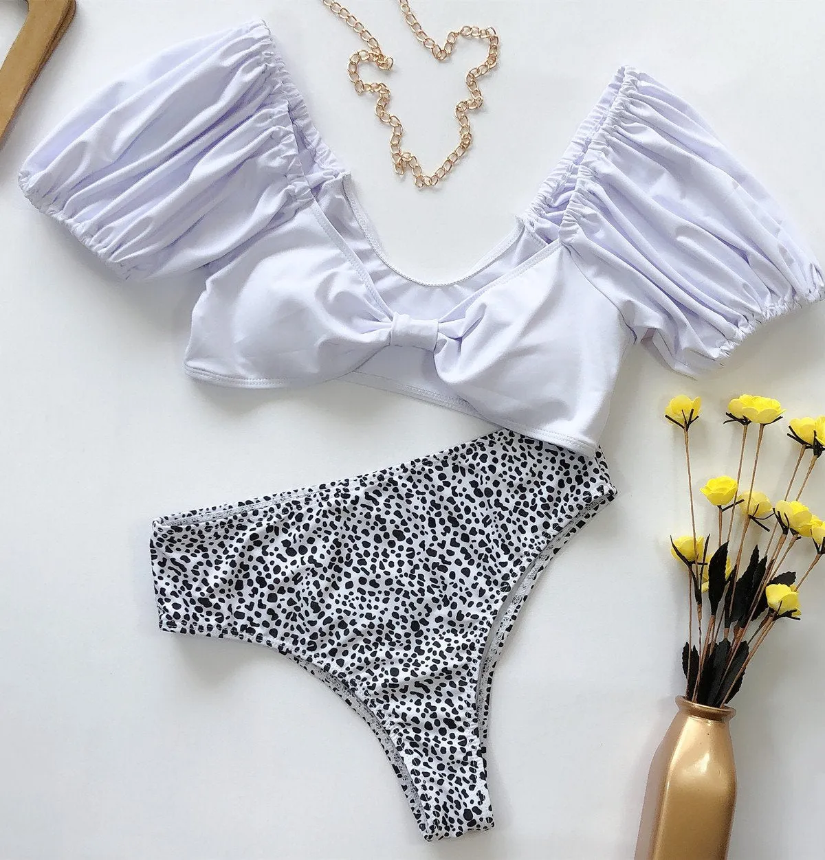 White Off Shoulder Short Sleeve Dot Thong Bottom Bikinis
