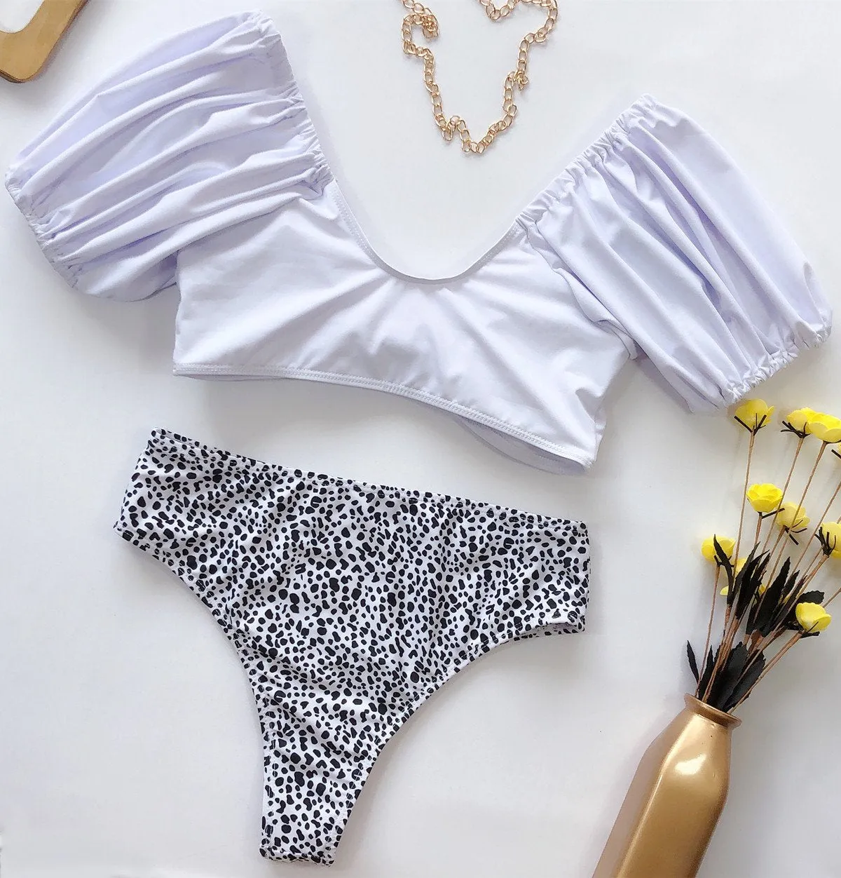 White Off Shoulder Short Sleeve Dot Thong Bottom Bikinis