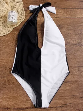 Wholesale Black Deep V Neck Sleeveless One-Pieces Swimsuits