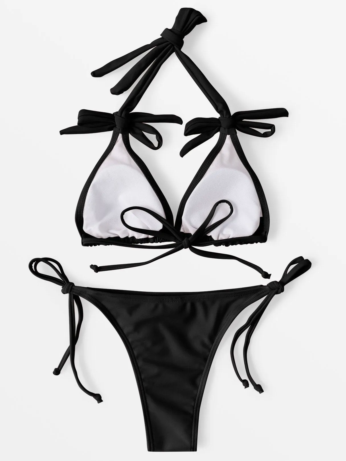 Wholesale Black Halter Plain Self-Tie Bowknot 2 Piece Bikinis