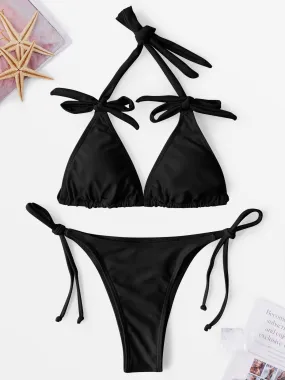 Wholesale Black Halter Plain Self-Tie Bowknot 2 Piece Bikinis