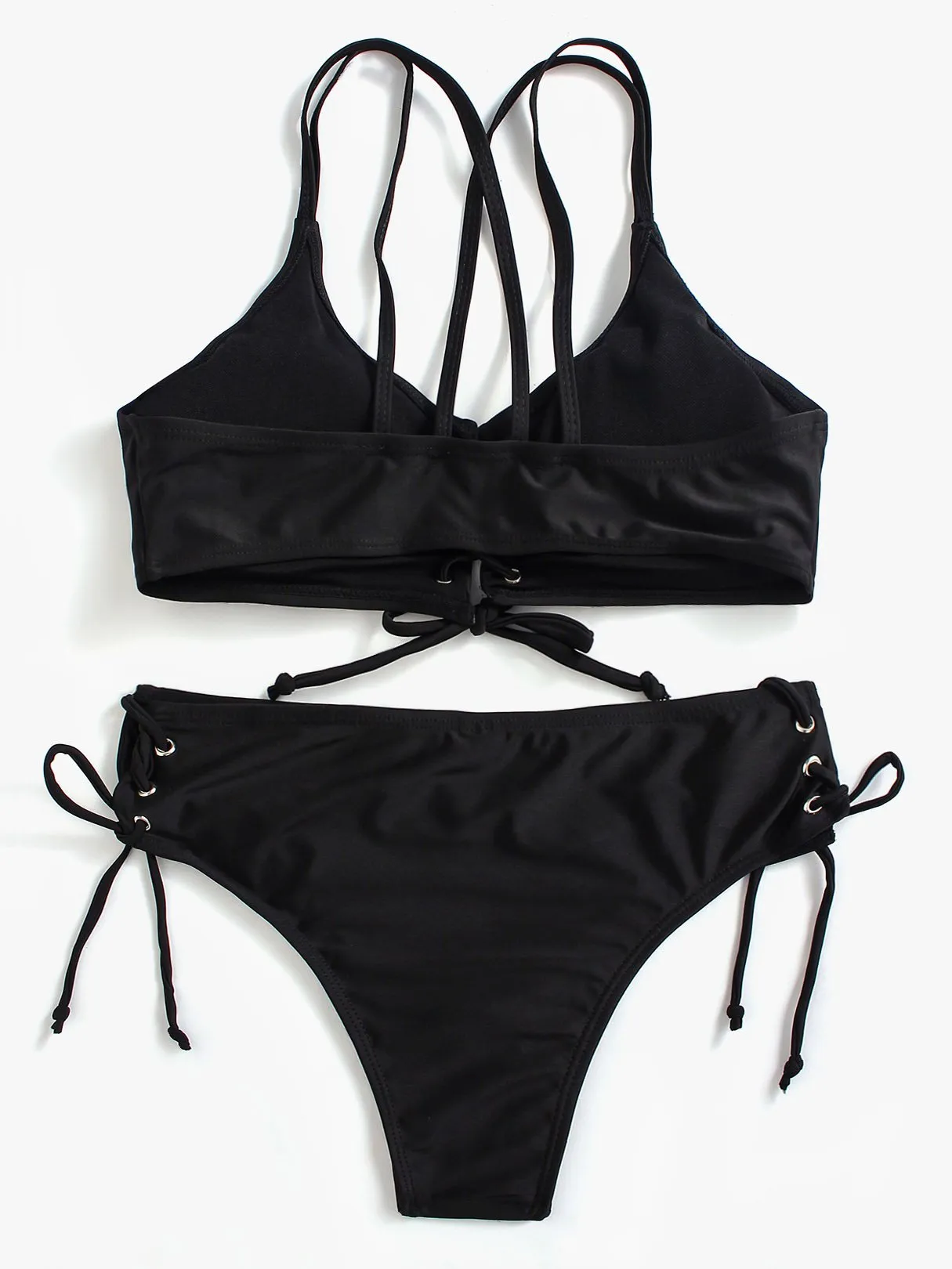 Wholesale Black Scoop Neck Sleeveless Lace-Up Bodycon Two Piece Bikinis