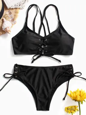 Wholesale Black Scoop Neck Sleeveless Lace-Up Bodycon Two Piece Bikinis