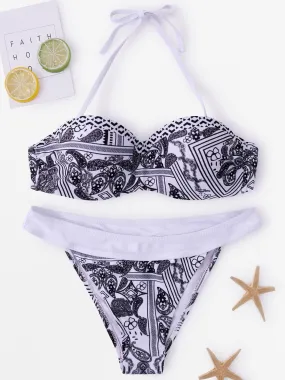 Wholesale Black Tube Top Sleeveless Printed Tie-Up Two Piece Bikinis