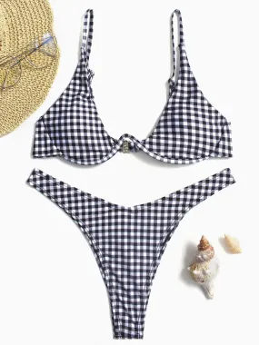 Wholesale Black V-Neck Sleeveless Grid Two Piece Bikini