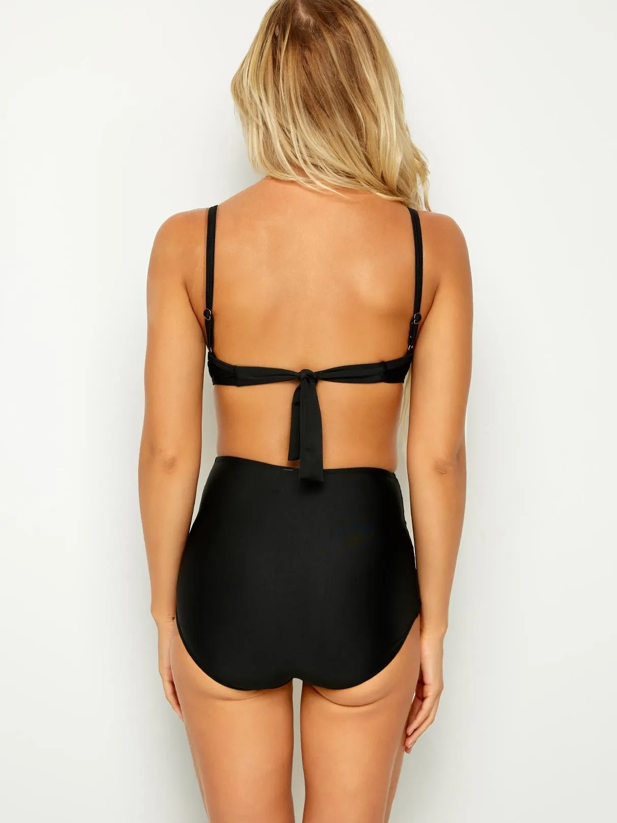 Wholesale Black V-Neck Sleeveless Plain Bodycon High Waist 2 Piece Bikinis