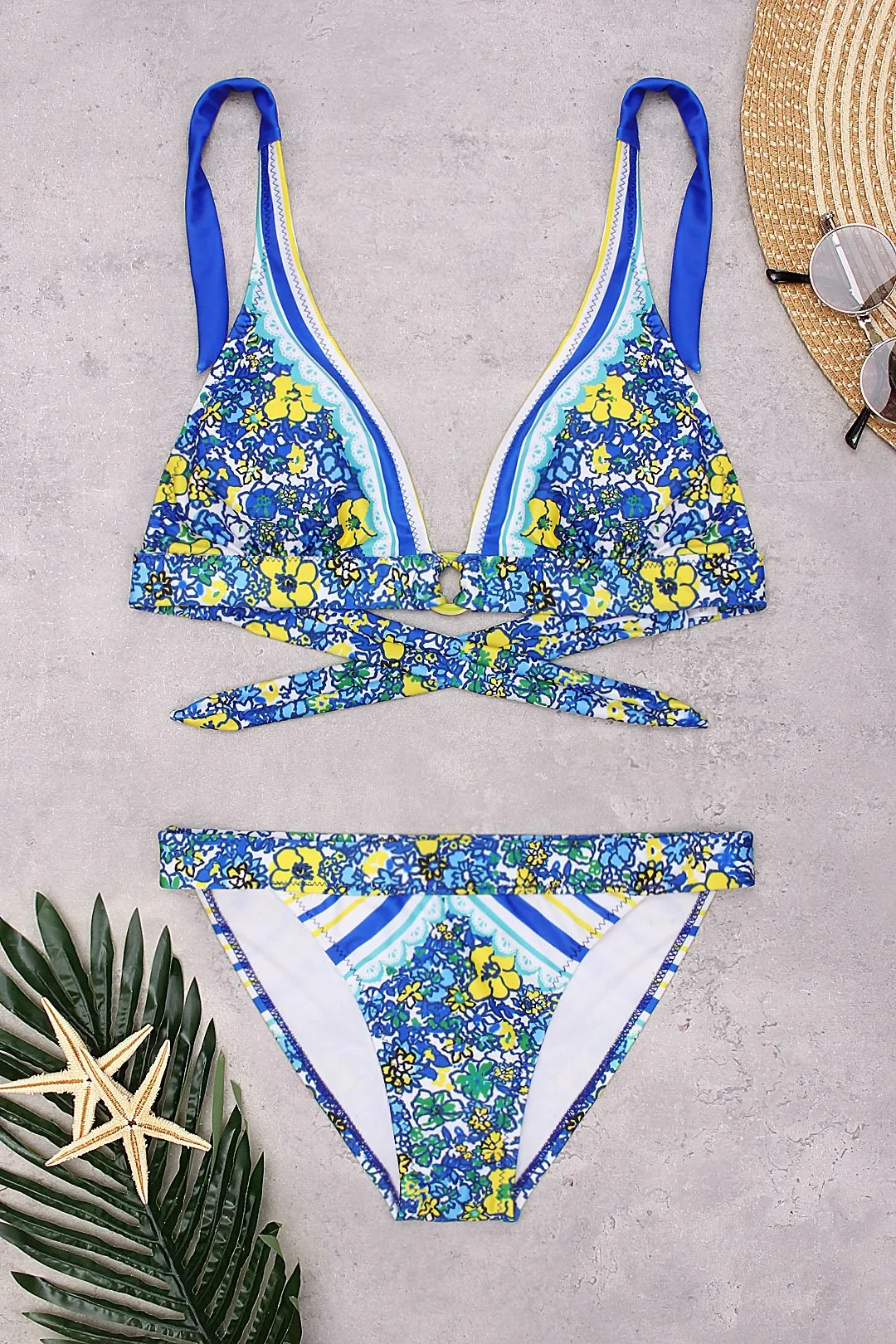 Wholesale Blue Floral Print Two Piece Bikini