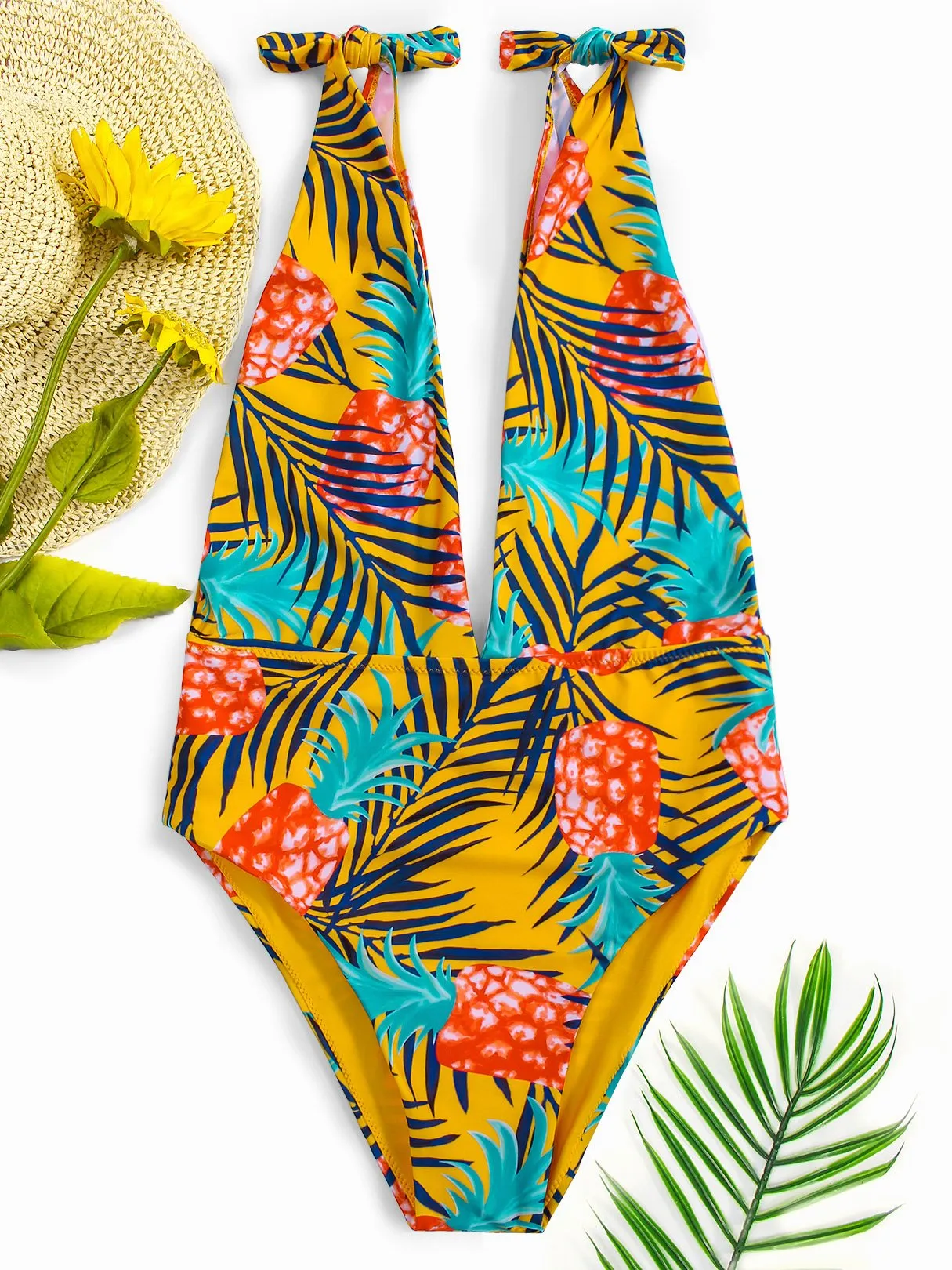 Wholesale Deep V Neck Sleeveless Printed One-Pieces Swimsuits