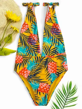 Wholesale Deep V Neck Sleeveless Printed One-Pieces Swimsuits