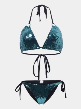 Wholesale Green V-Neck Sleeveless Sequins Embellished Bikinis