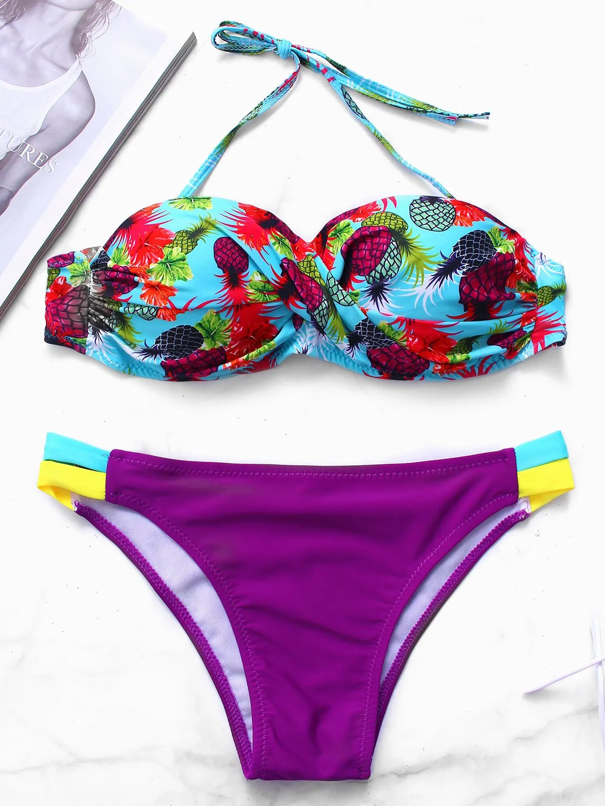 Wholesale Halter V-Neck Sleeveless Floral Print Bikinis