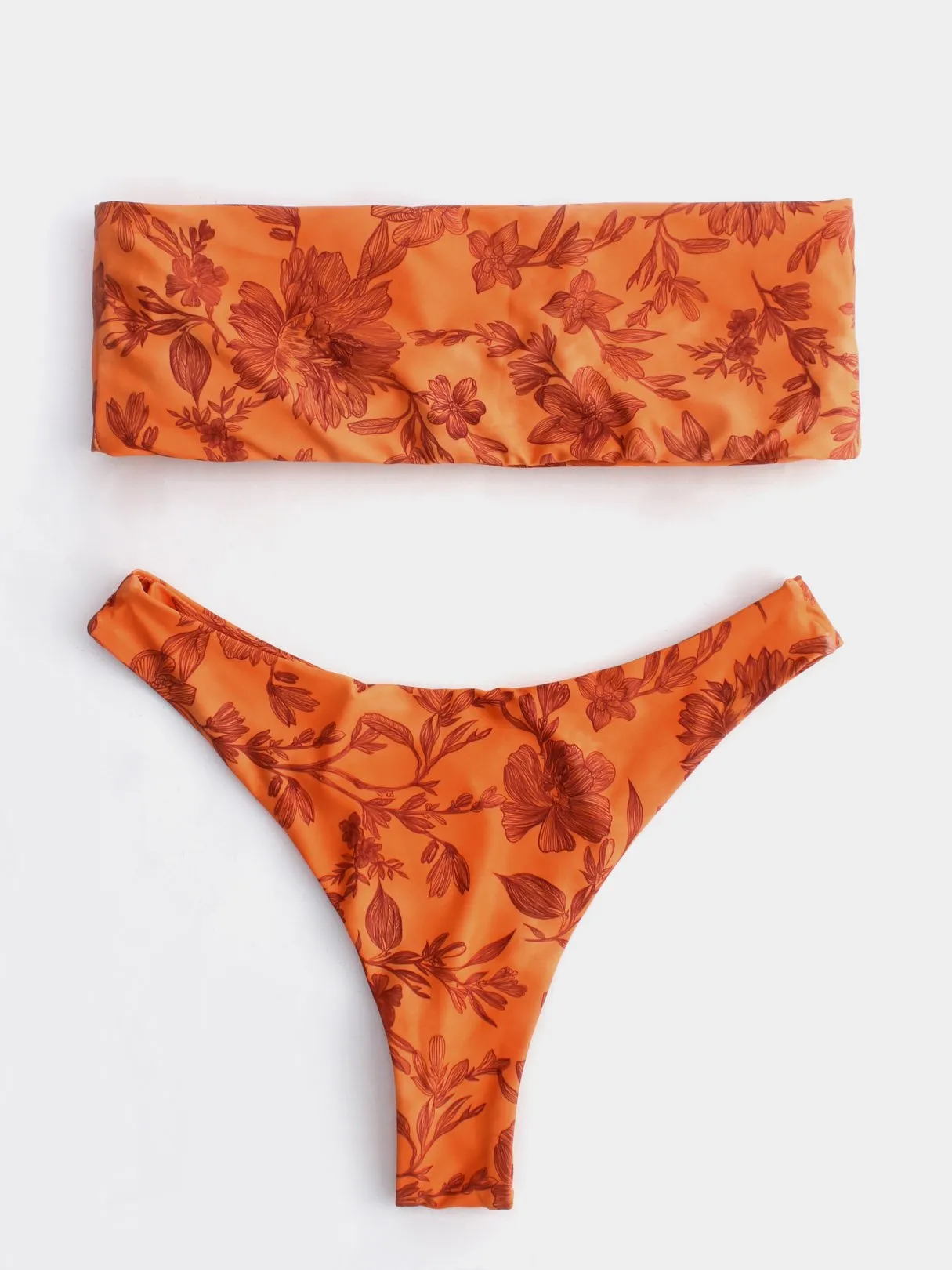 Wholesale Orange Off The Shoulder Floral Print Bikini Suit